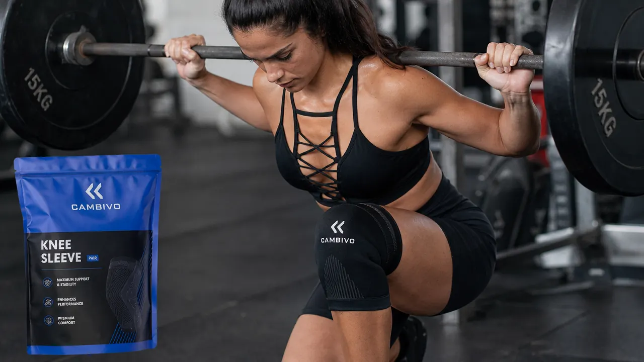 Close-up of CAMBIVO compression knee sleeve being worn during a barbell squat
