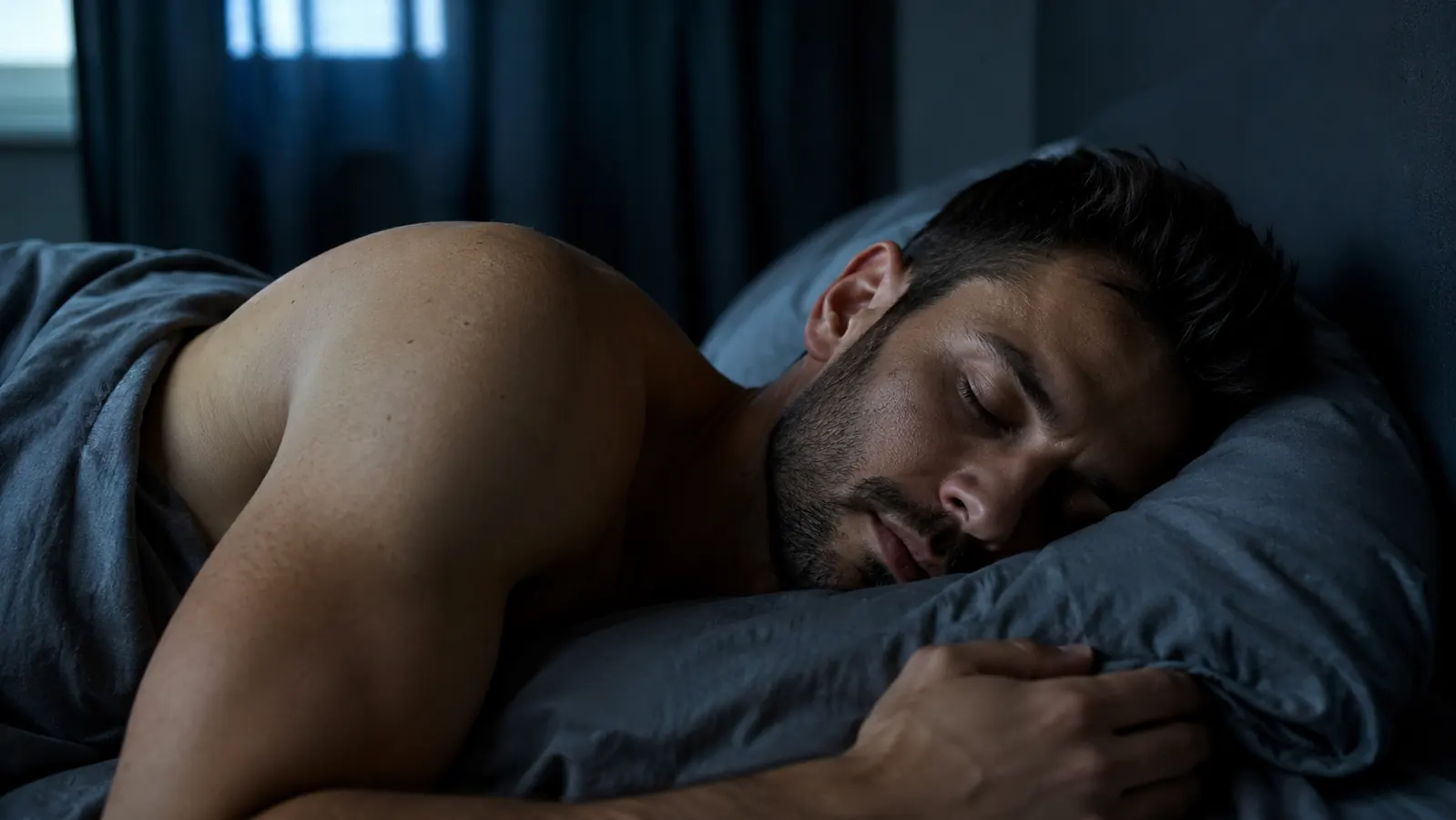 Athlete sleeping soundly in a dark room suggesting quality recovery sleep after training