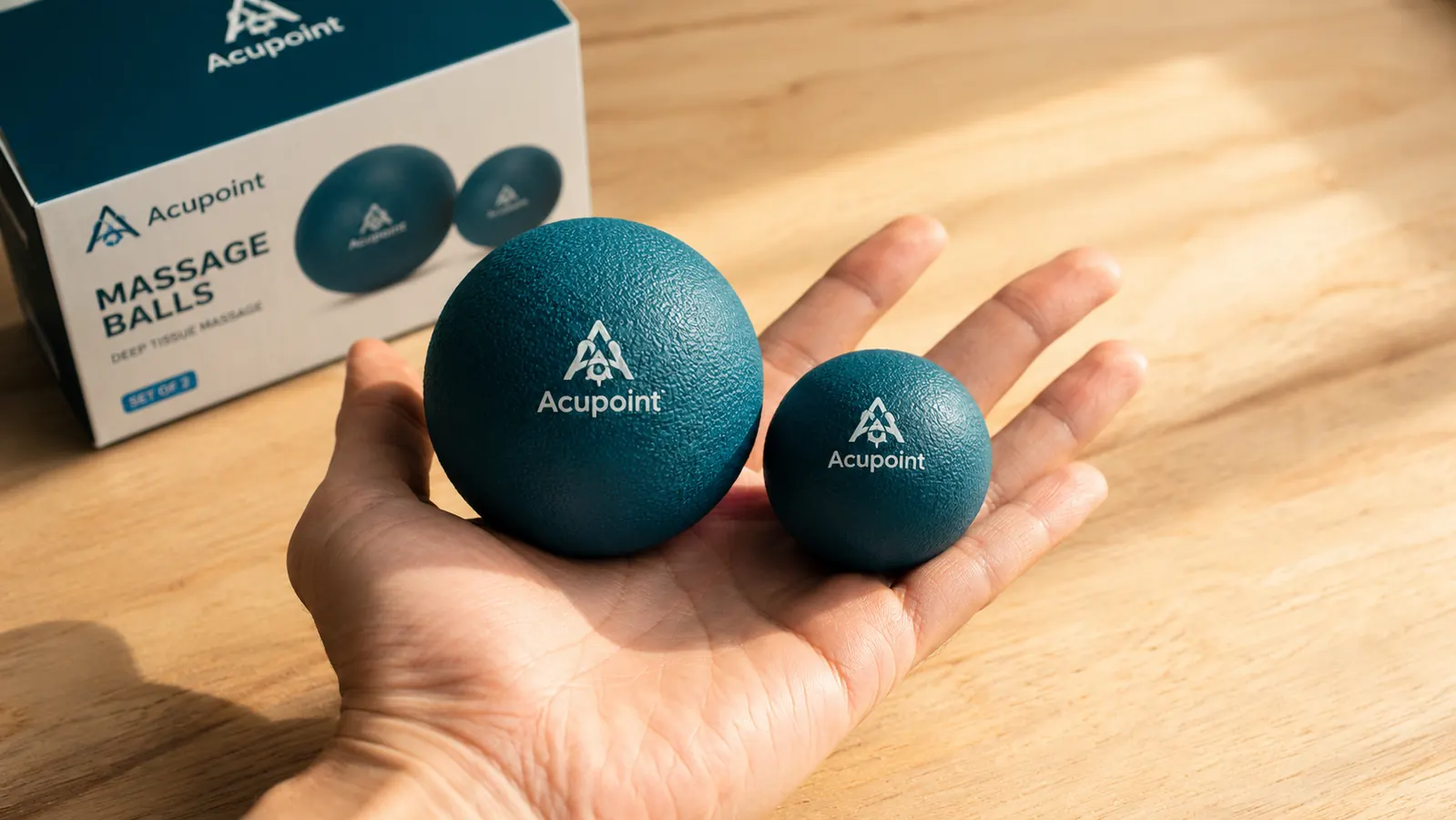 Acupoint massage therapy ball set of two balls held in an open palm showing size difference
