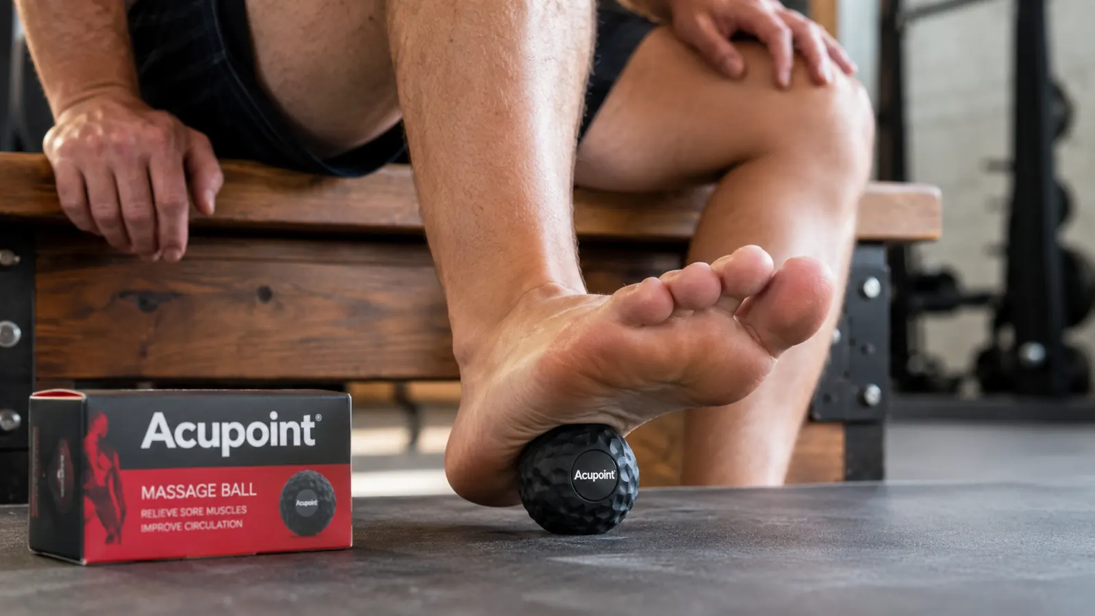 Person pressing the smaller Acupoint massage ball into the sole of their foot while seated on a bench