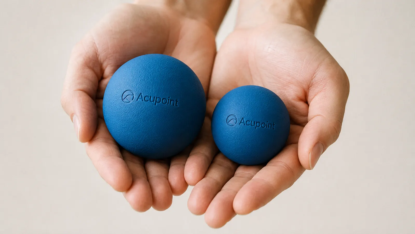 Hand holding the Acupoint massage ball set, showing the two ball sizes side by side