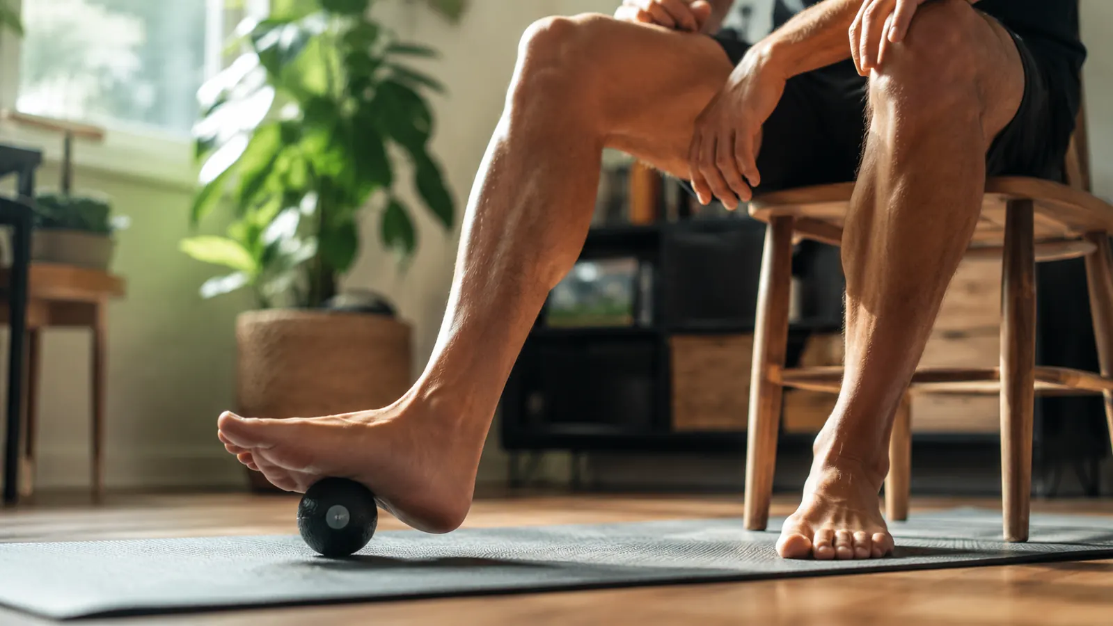Person sitting on a low stool pressing a massage ball under their heel, rolling slowly
