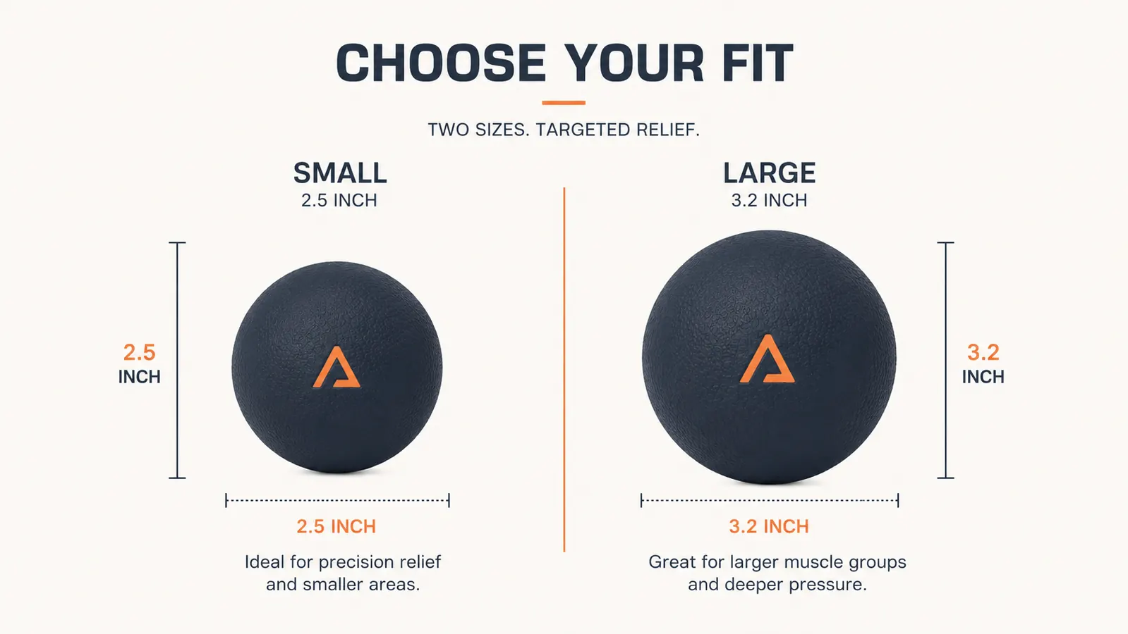 Side-by-side size comparison chart showing the Acupoint small ball versus the larger ball, with dimensions labeled