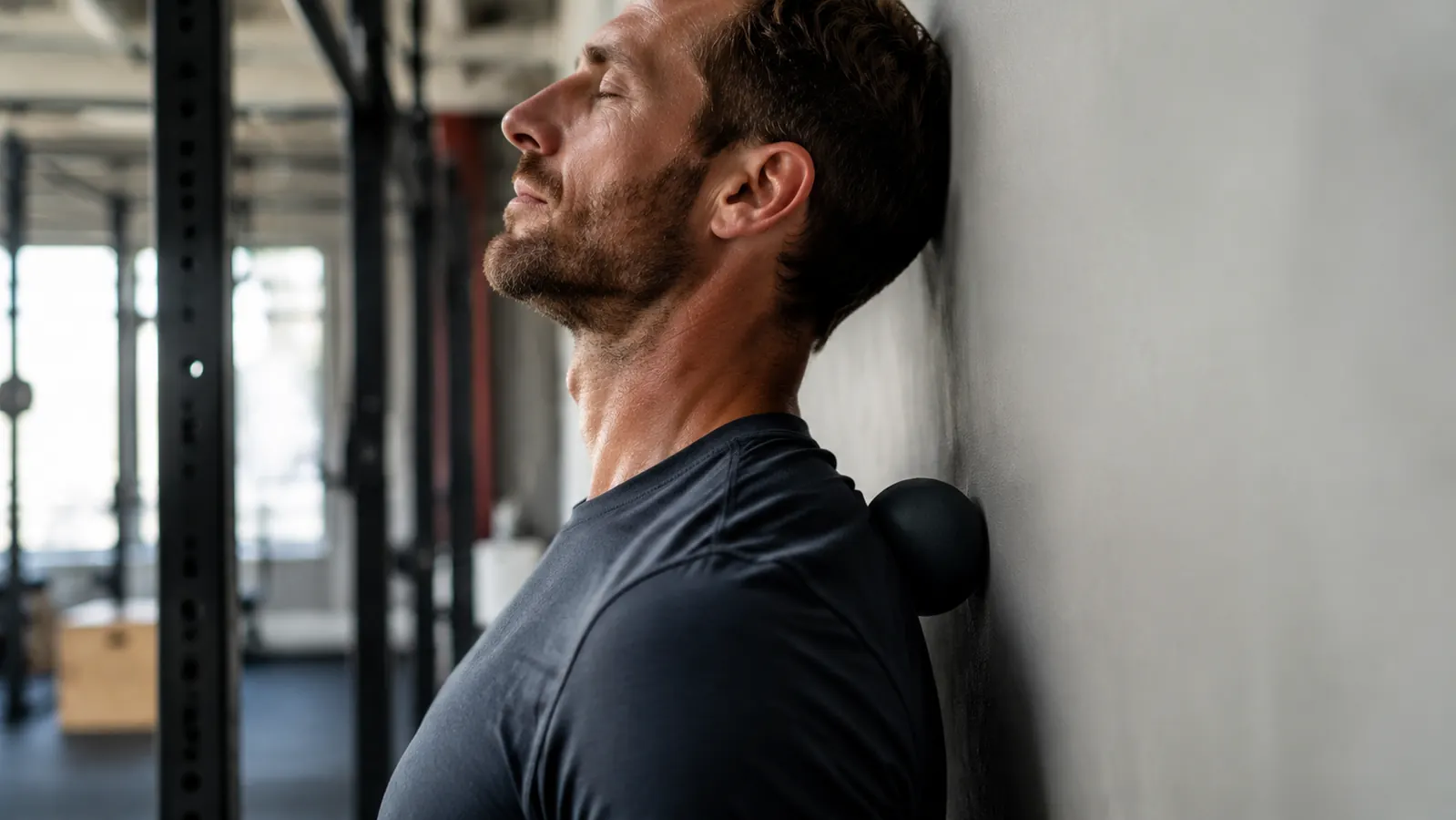 Person leaning against a wall with an Acupoint massage ball behind their upper back between shoulder blades