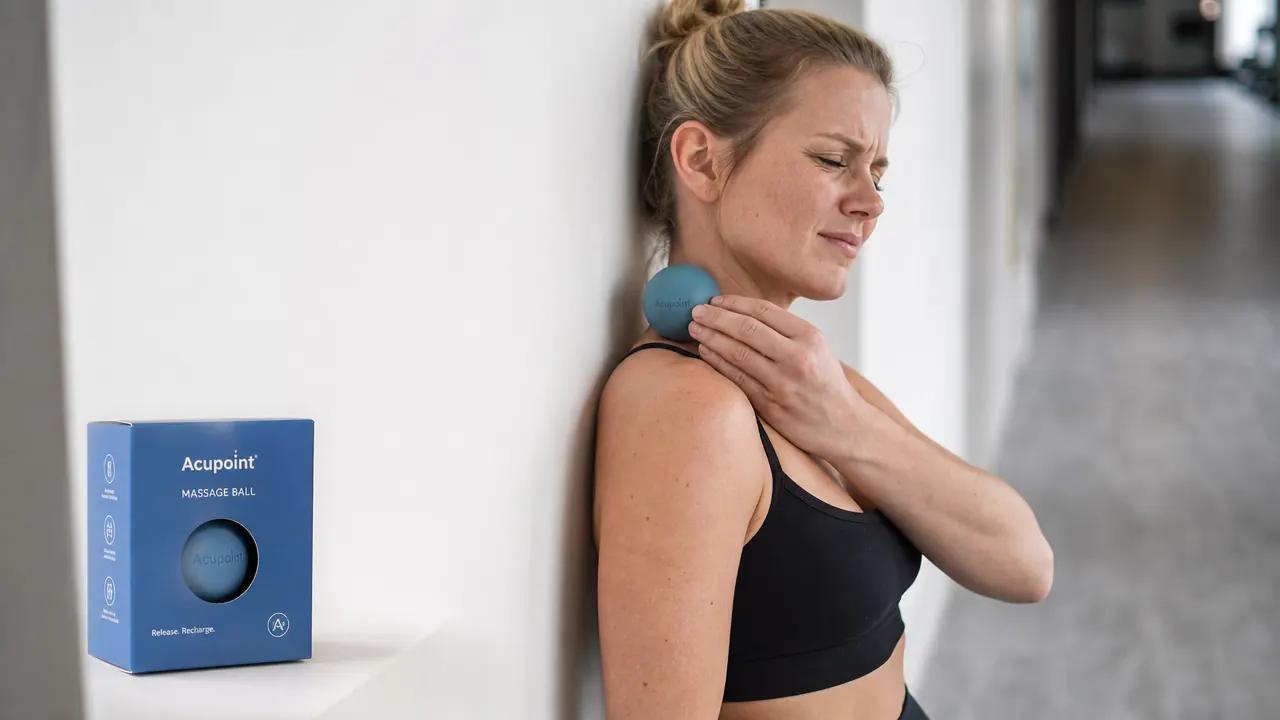 Person pressing a massage ball against their upper trapezius muscle against a wall