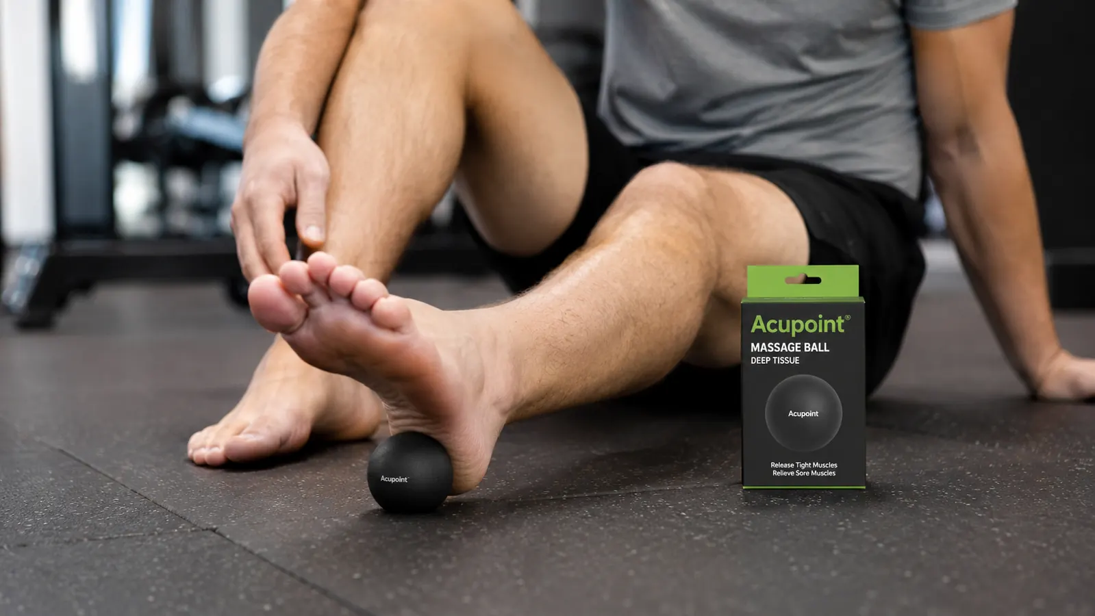 Person sitting on a gym floor rolling a massage ball under the arch of one foot