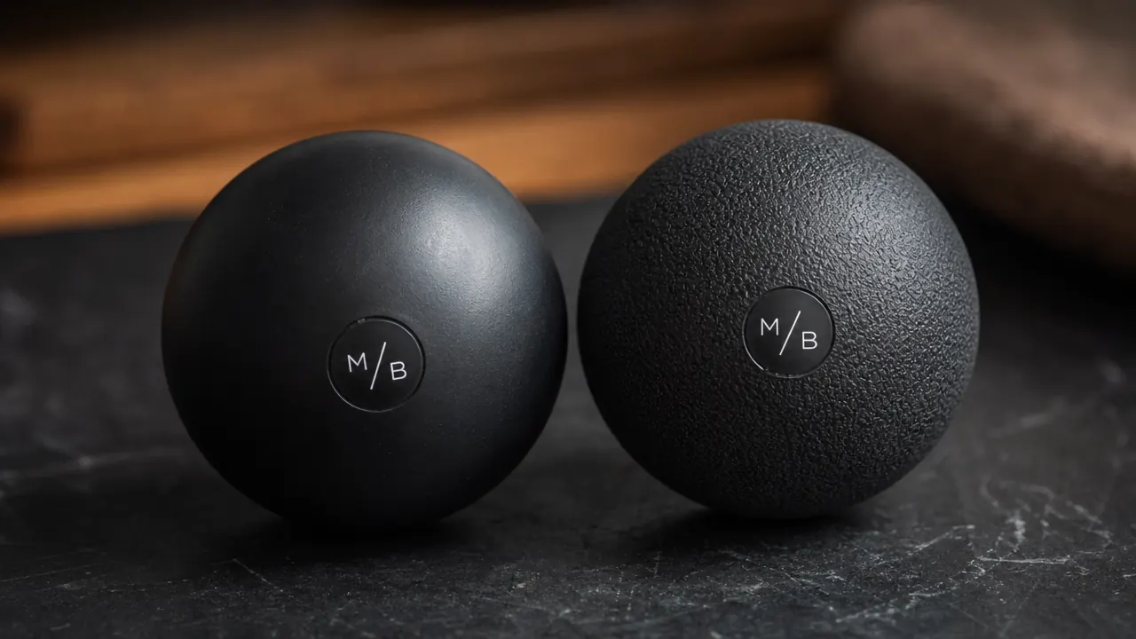 Close-up of two massage balls side by side showing textured and smooth surfaces