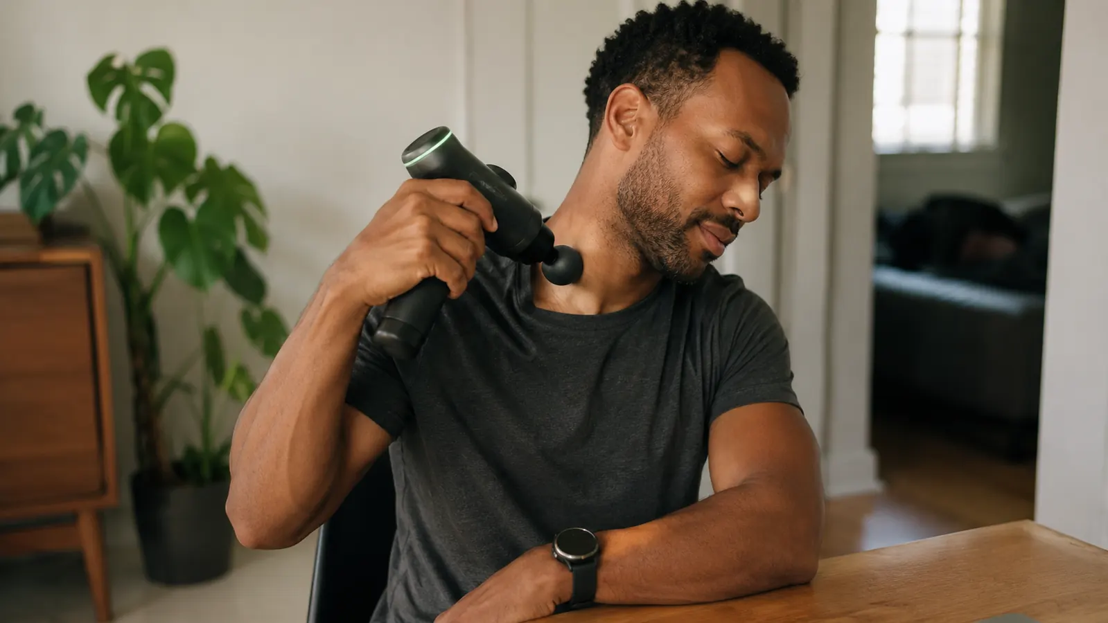 Man using the BOB AND BRAD C2 massage gun on his upper trapezius muscle while seated at a desk