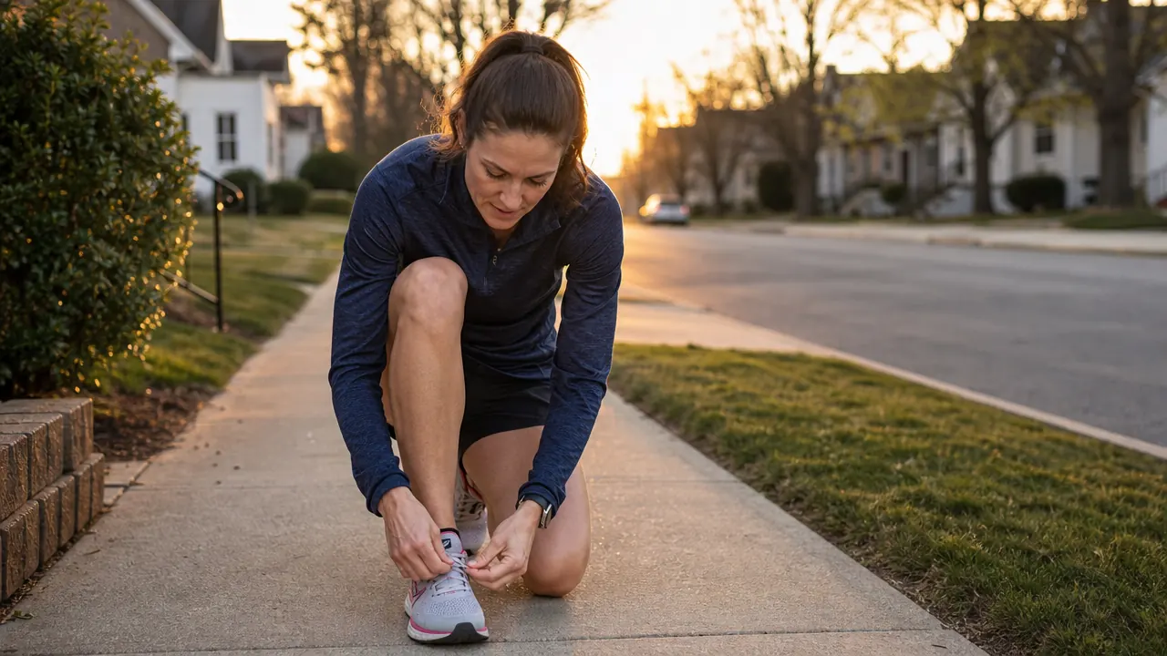 Person lacing up running shoes before a morning run on a neighborhood sidewalk