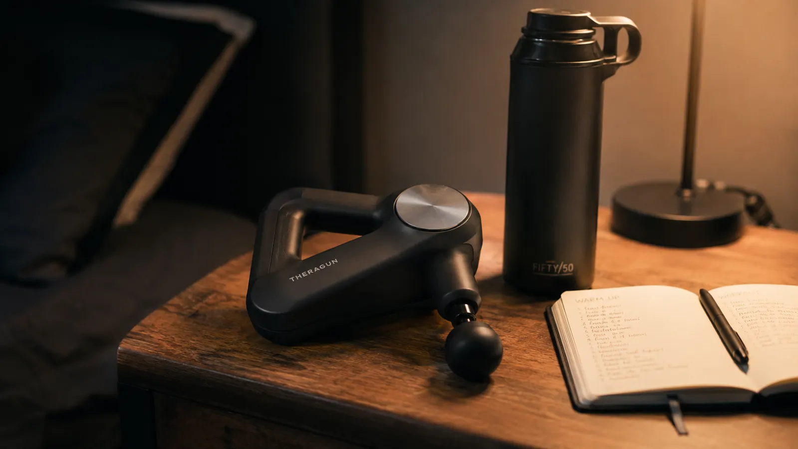 Percussion massage gun on a bedside table next to a water bottle and a training log notebook
