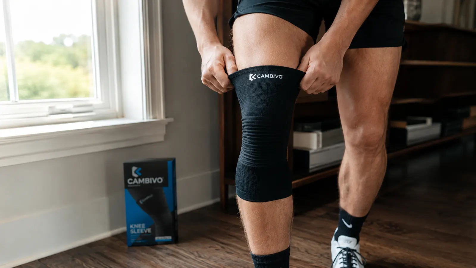CAMBIVO knee compression sleeve being pulled onto a leg before a run