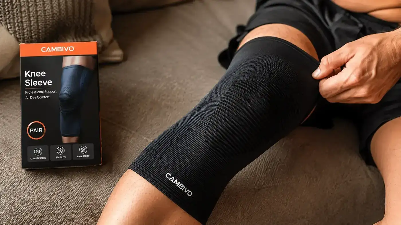 Close-up of a compression knee sleeve on a resting leg showing fabric texture and fit