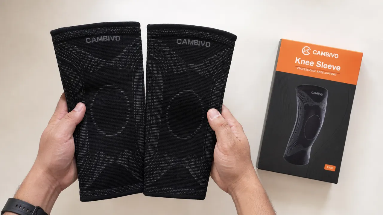Two CAMBIVO knee sleeves held up side by side to show the 2-pack contents