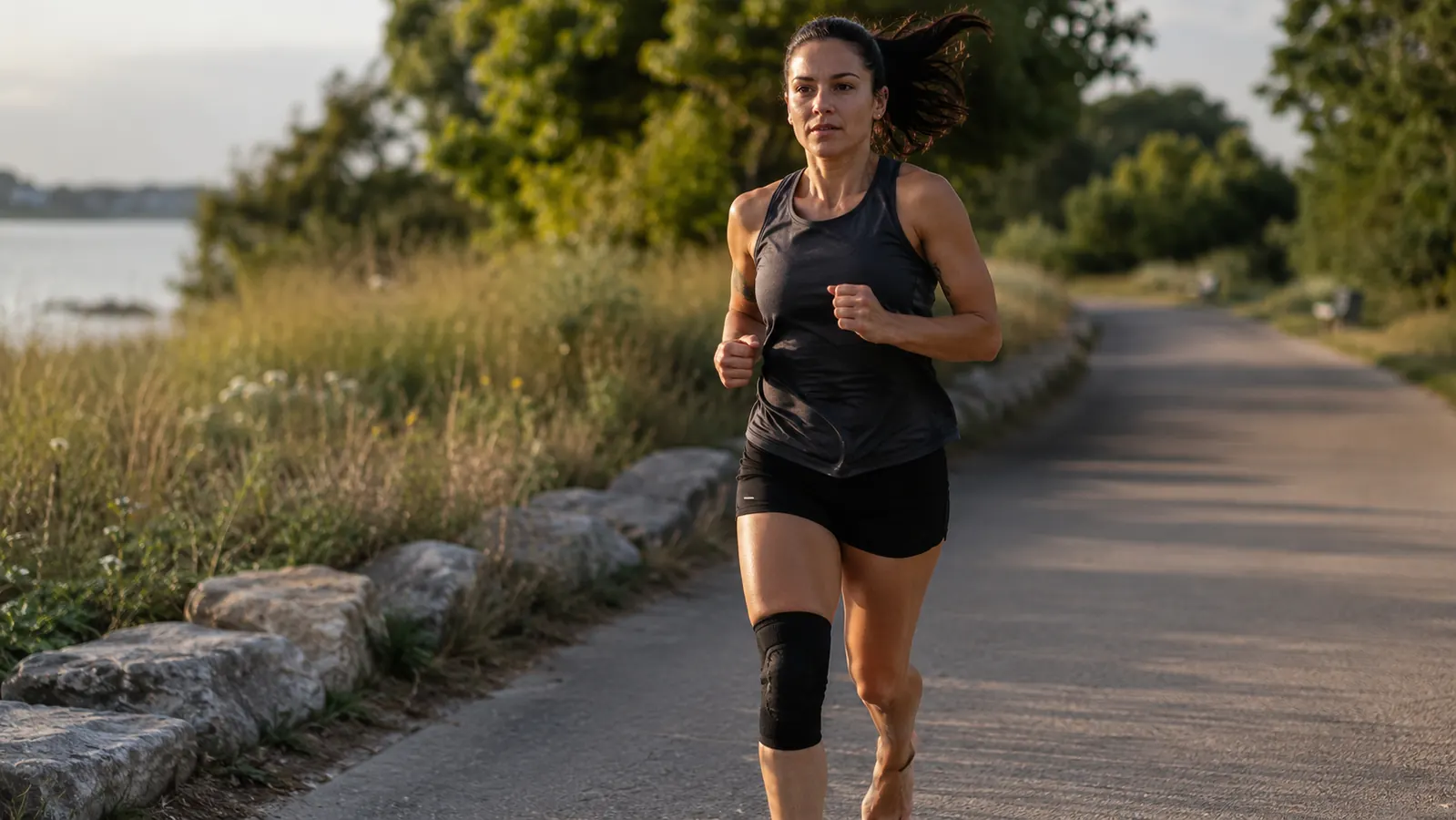 Runner wearing a knee compression sleeve on a paved trail during a morning run