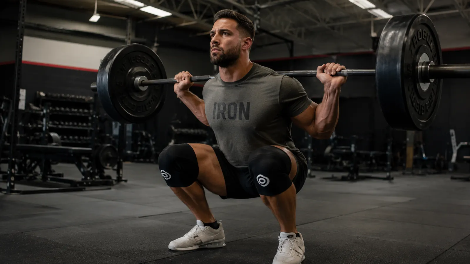 Person performing a barbell back squat in a gym with knee sleeves on both legs