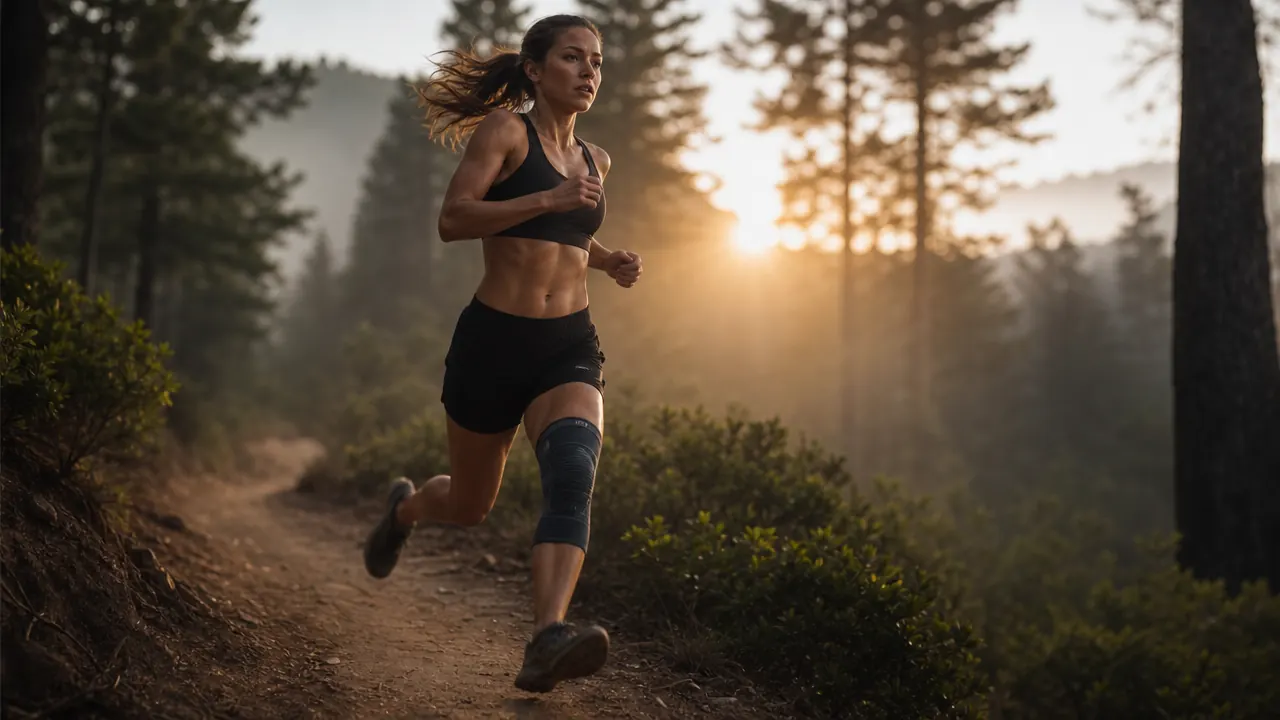 Runner wearing a compression knee sleeve on a trail run in the morning