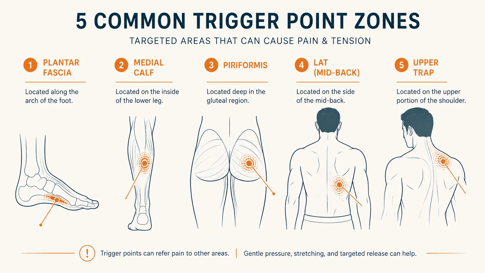 Diagram showing five common trigger point locations on a simplified human body outline including foot arch, calf, glute, lat, and shoulder