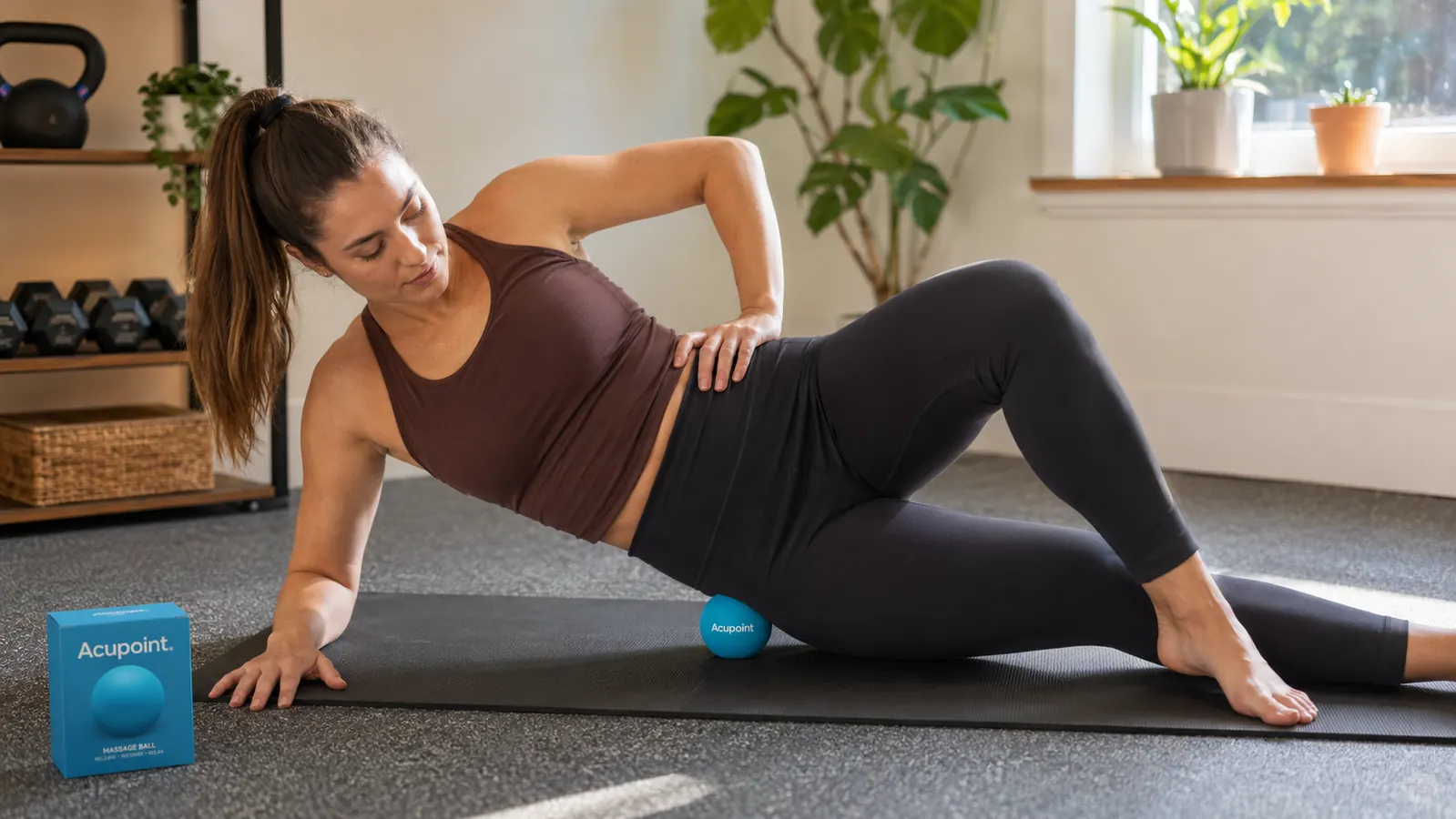 Person lying on their side on a yoga mat with a massage ball positioned under their glute