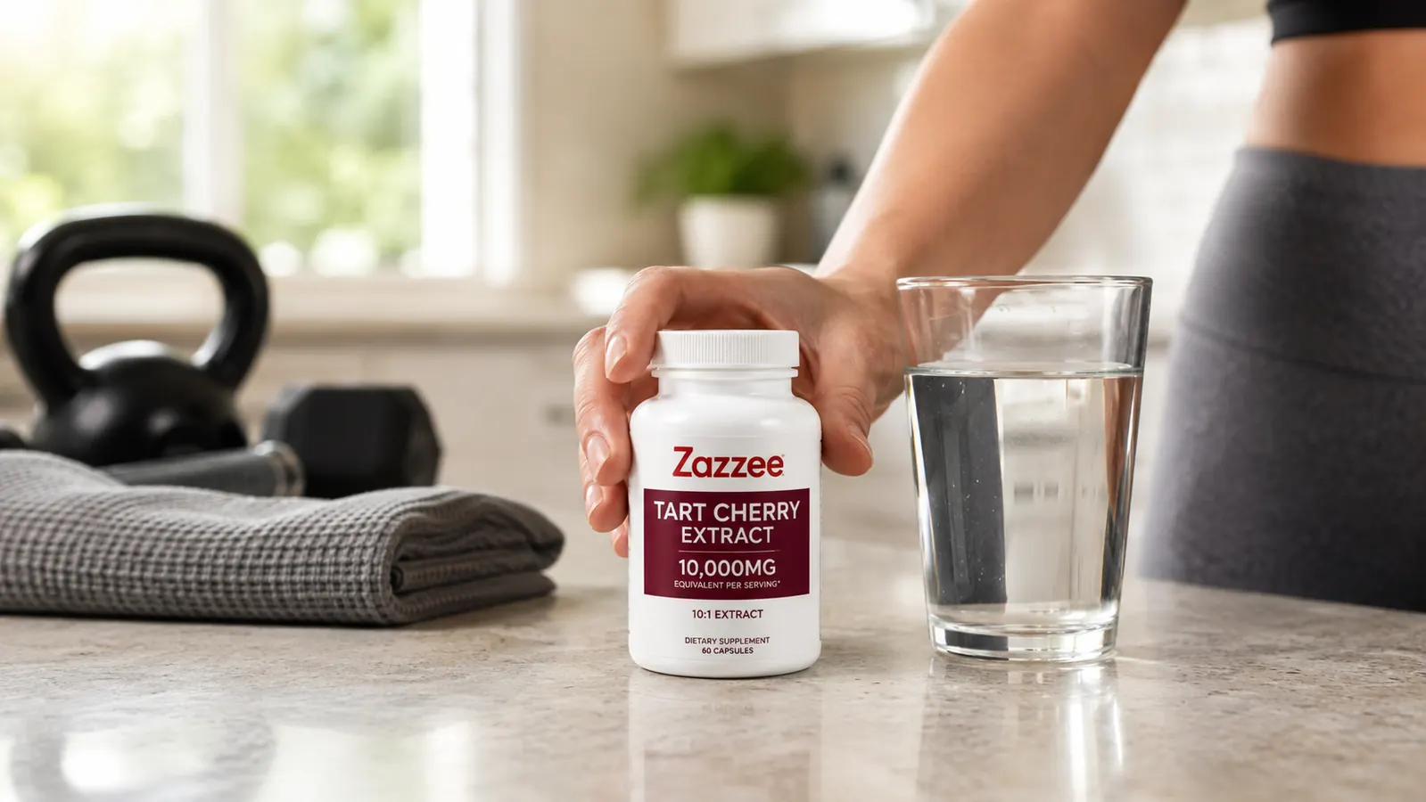 Hand holding two Zazzee tart cherry extract capsules over a glass of water