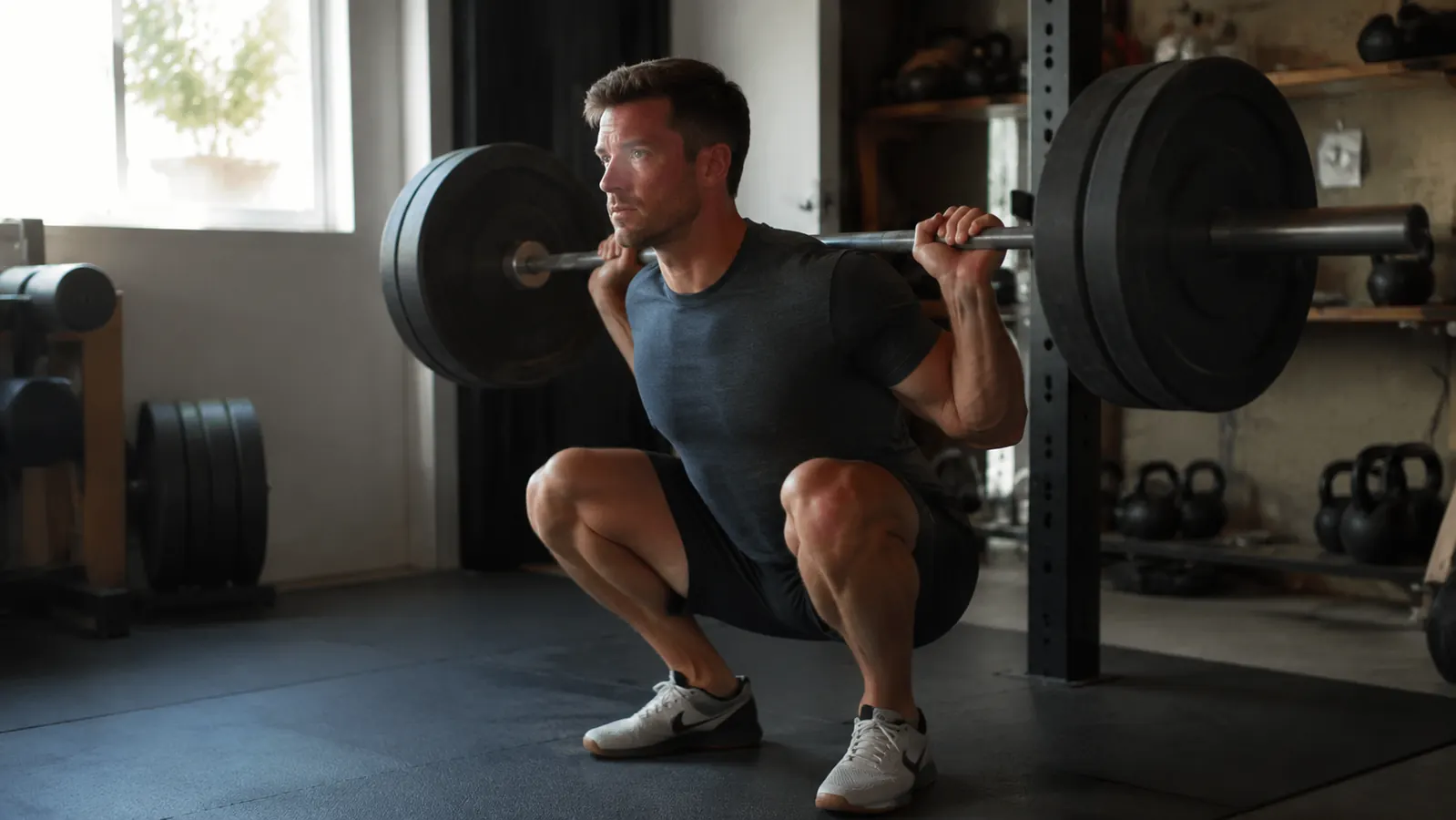 Man confidently performing a barbell back squat with full depth in a home gym