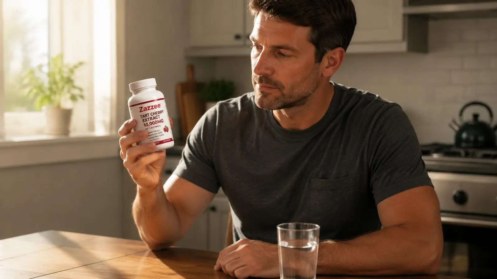 Hand holding two dark red Zazzee tart cherry capsules over a glass of water on a kitchen counter