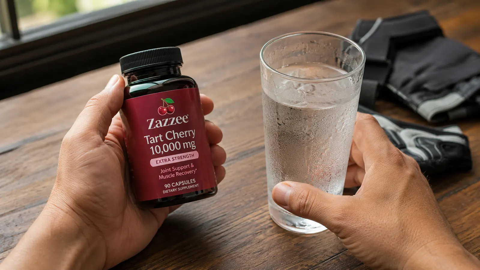 Hand holding a Zazzee tart cherry capsule bottle next to a glass of water after a workout